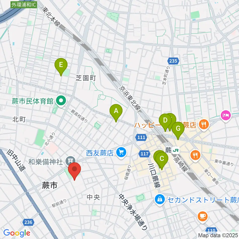 蕨市民会館周辺のホテル一覧地図