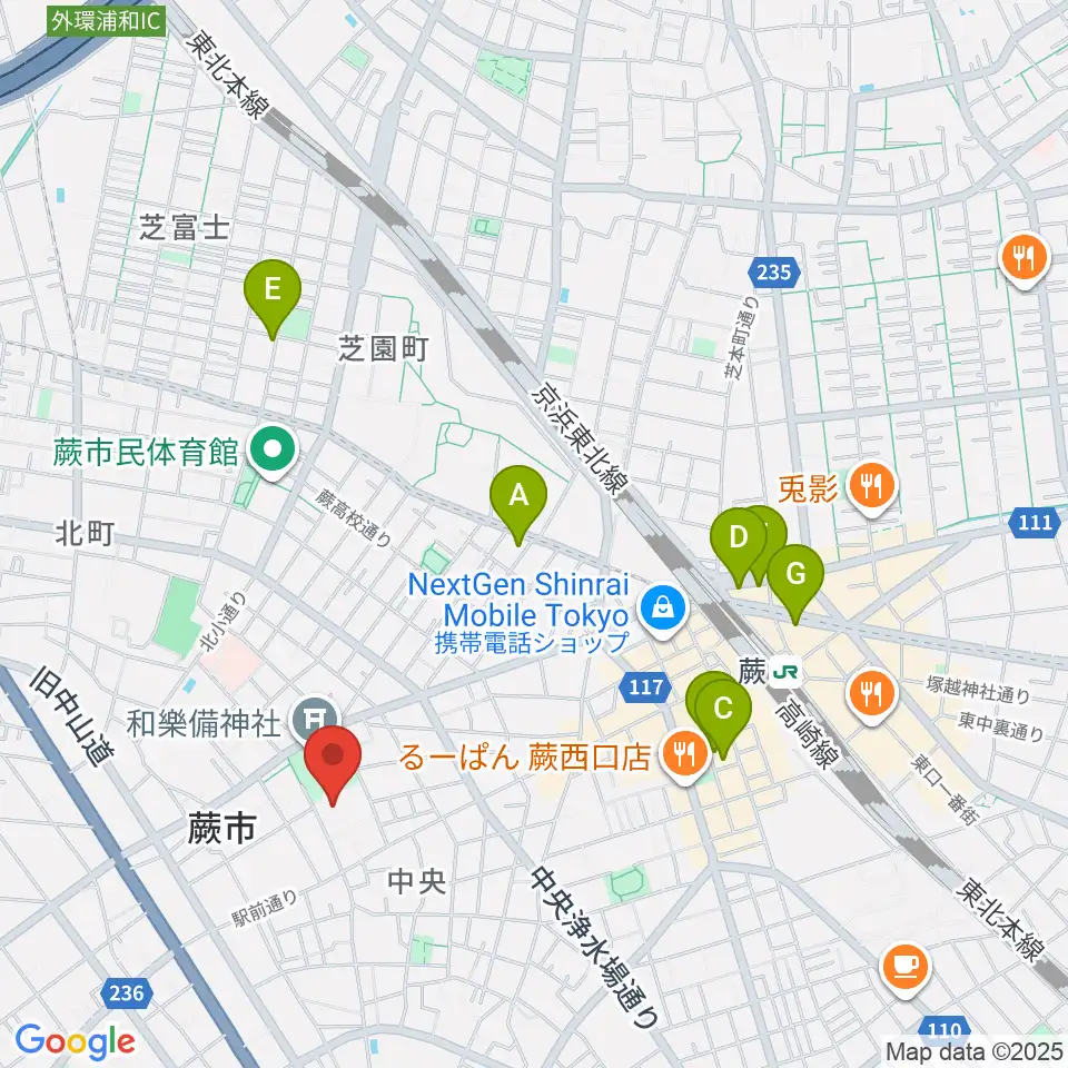 蕨市民会館周辺のホテル一覧地図