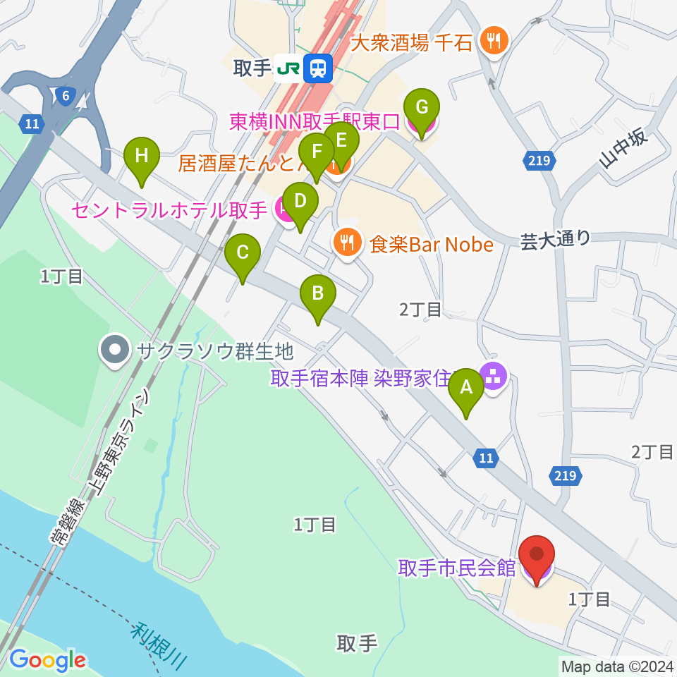 取手市民会館周辺のホテル一覧地図