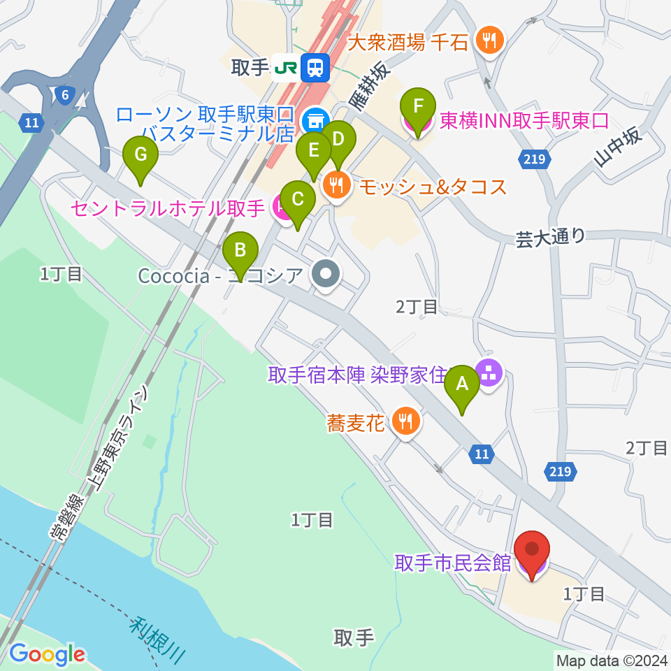 取手市民会館周辺のホテル一覧地図