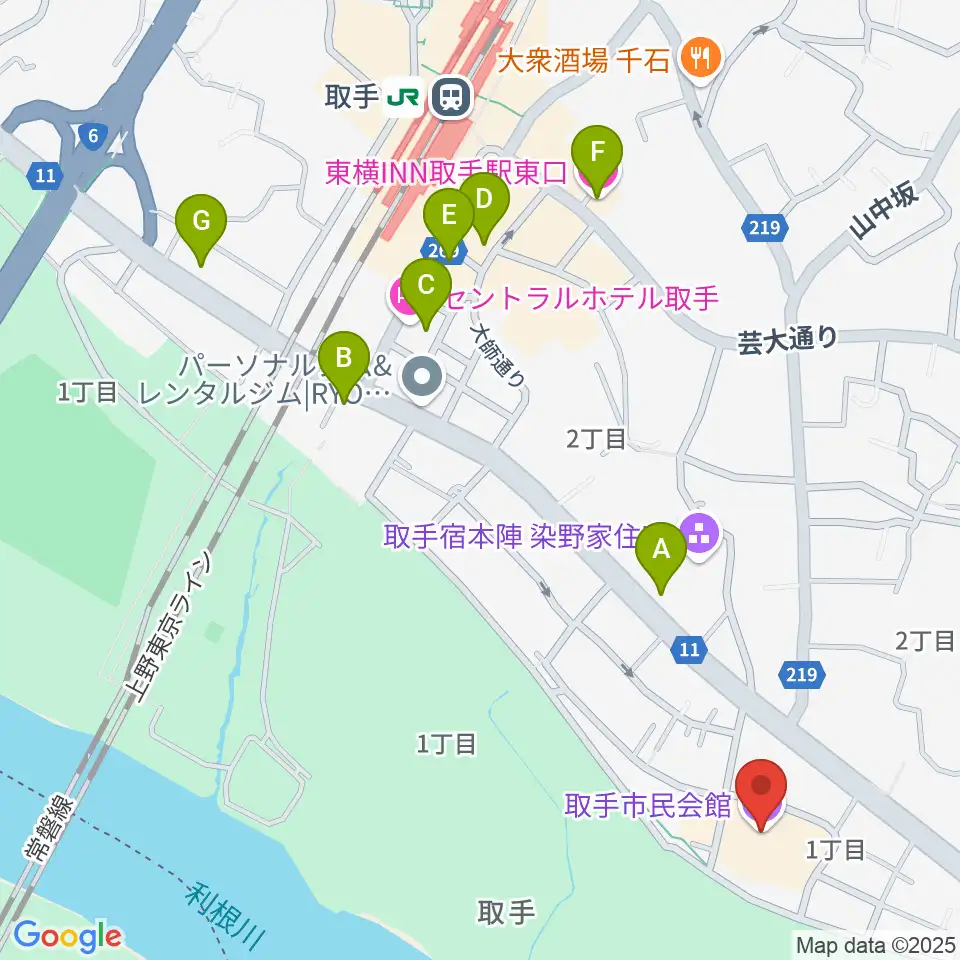 取手市民会館周辺のホテル一覧地図