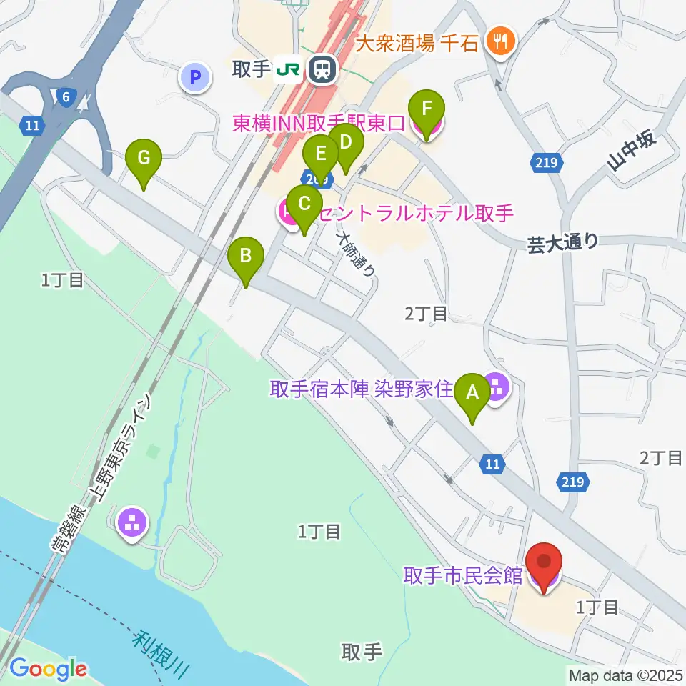 取手市民会館周辺のホテル一覧地図