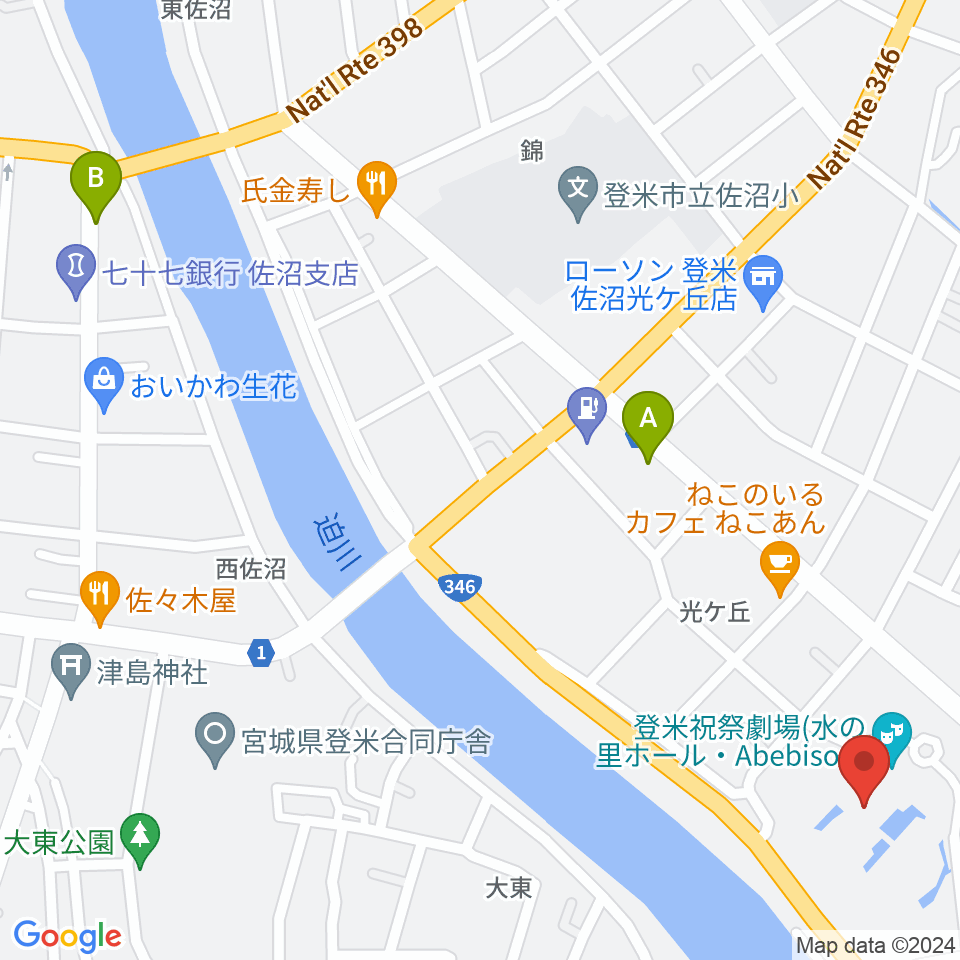登米祝祭劇場 水の里ホール・Abebisou周辺のホテル一覧地図