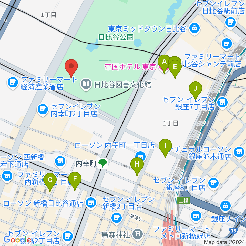 日比谷公園大音楽堂（日比谷野音）周辺のホテル一覧地図