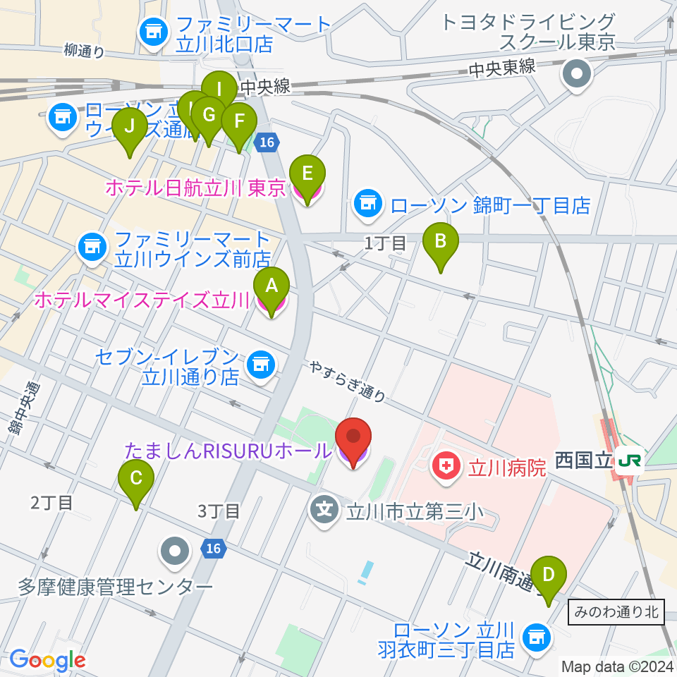 たましんRISURUホール周辺のホテル一覧地図