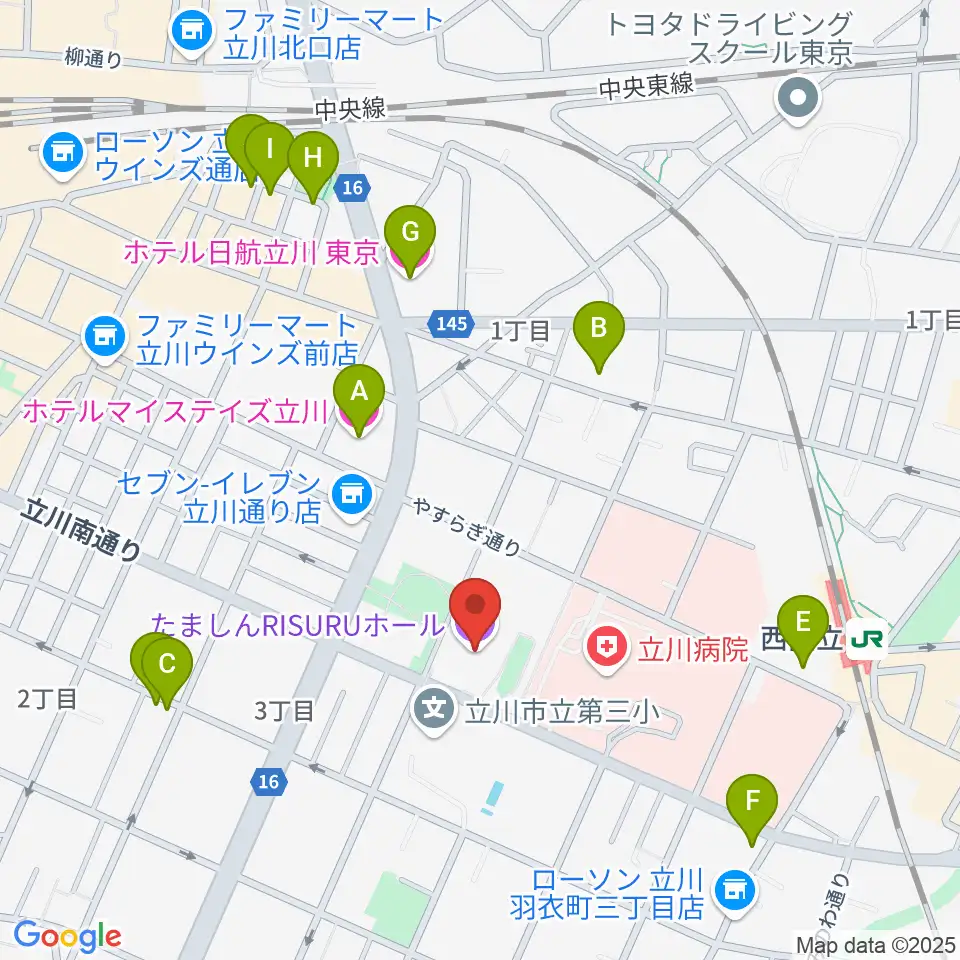 たましんRISURUホール周辺のホテル一覧地図