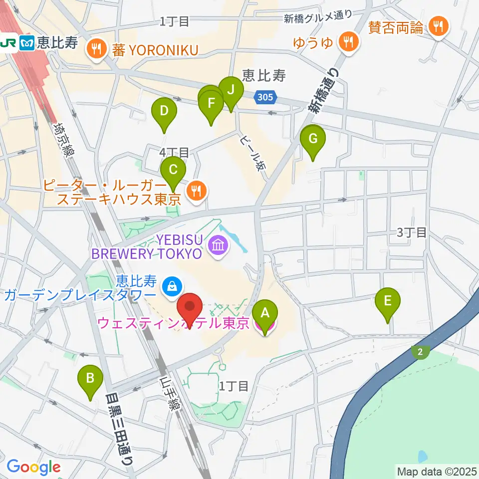 恵比寿ザ・ガーデンホール／ルーム周辺のホテル一覧地図