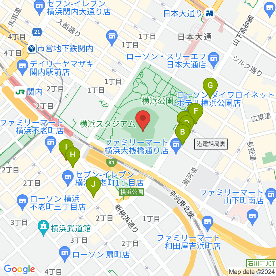 横浜スタジアム周辺のホテル一覧地図