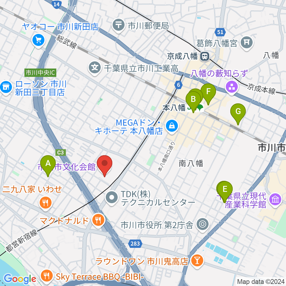 市川市文化会館周辺のホテル一覧地図