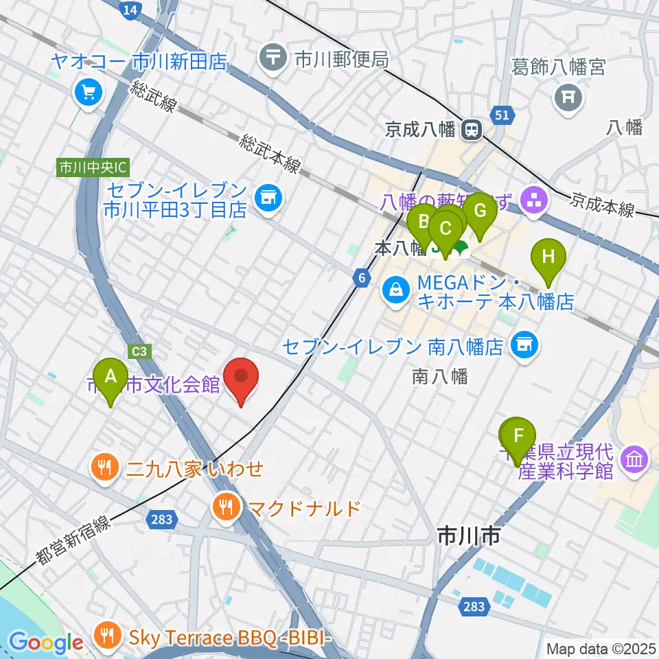 市川市文化会館周辺のホテル一覧地図