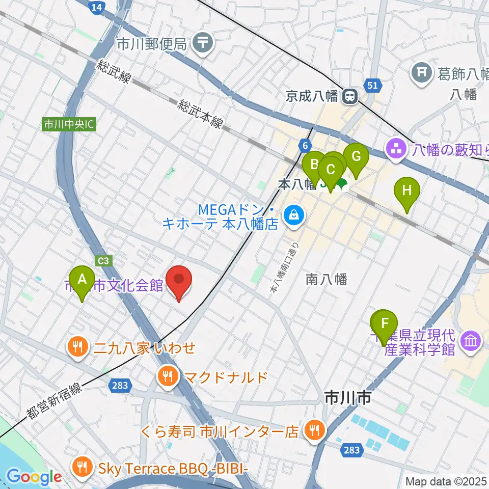 市川市文化会館周辺のホテル一覧地図