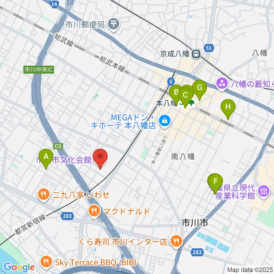 市川市文化会館周辺のホテル一覧地図