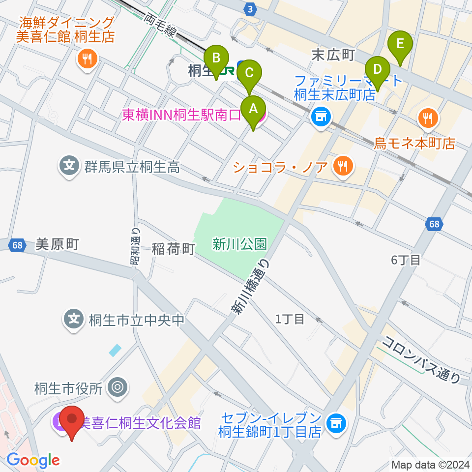 美喜仁桐生文化会館周辺のホテル一覧地図