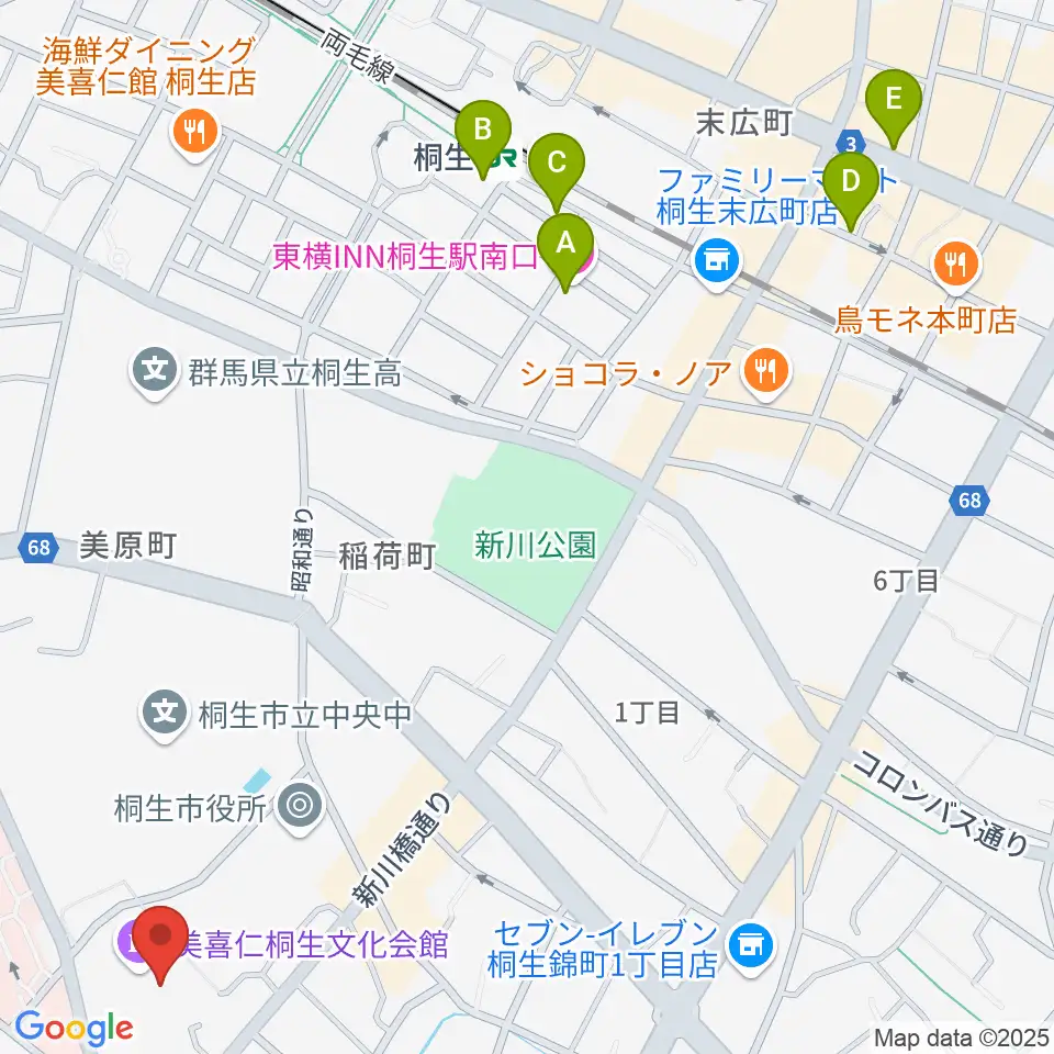 美喜仁桐生文化会館周辺のホテル一覧地図