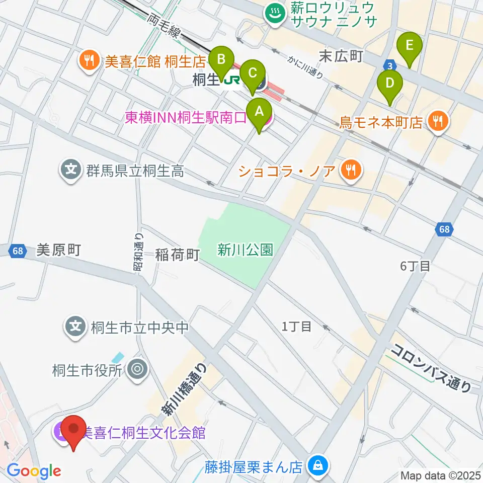 美喜仁桐生文化会館周辺のホテル一覧地図