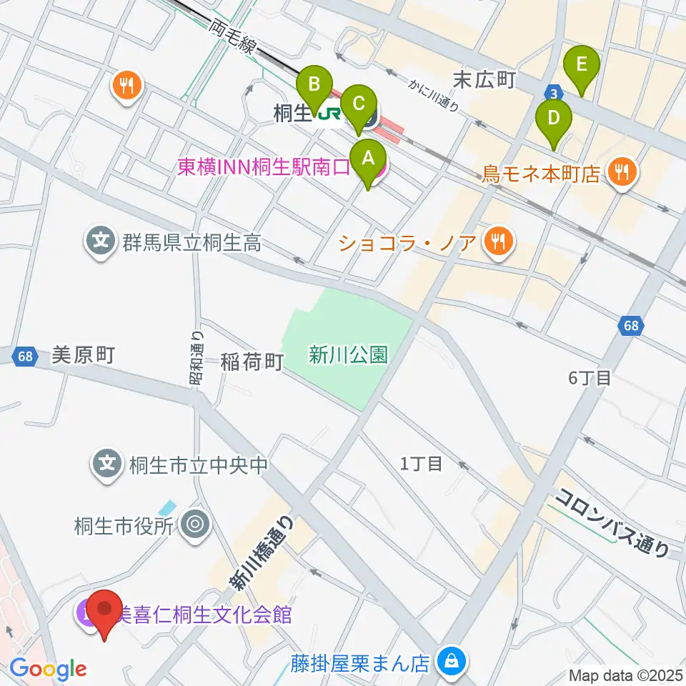 美喜仁桐生文化会館周辺のホテル一覧地図