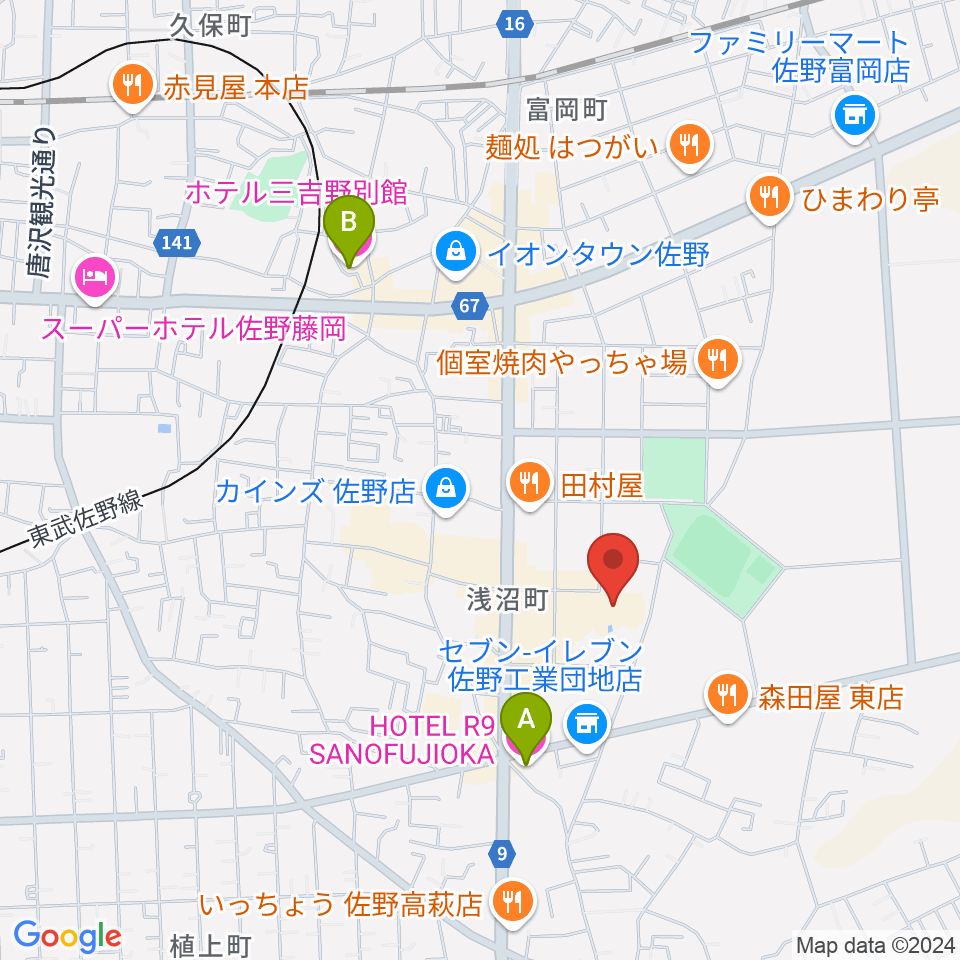 佐野市文化会館周辺のホテル一覧地図