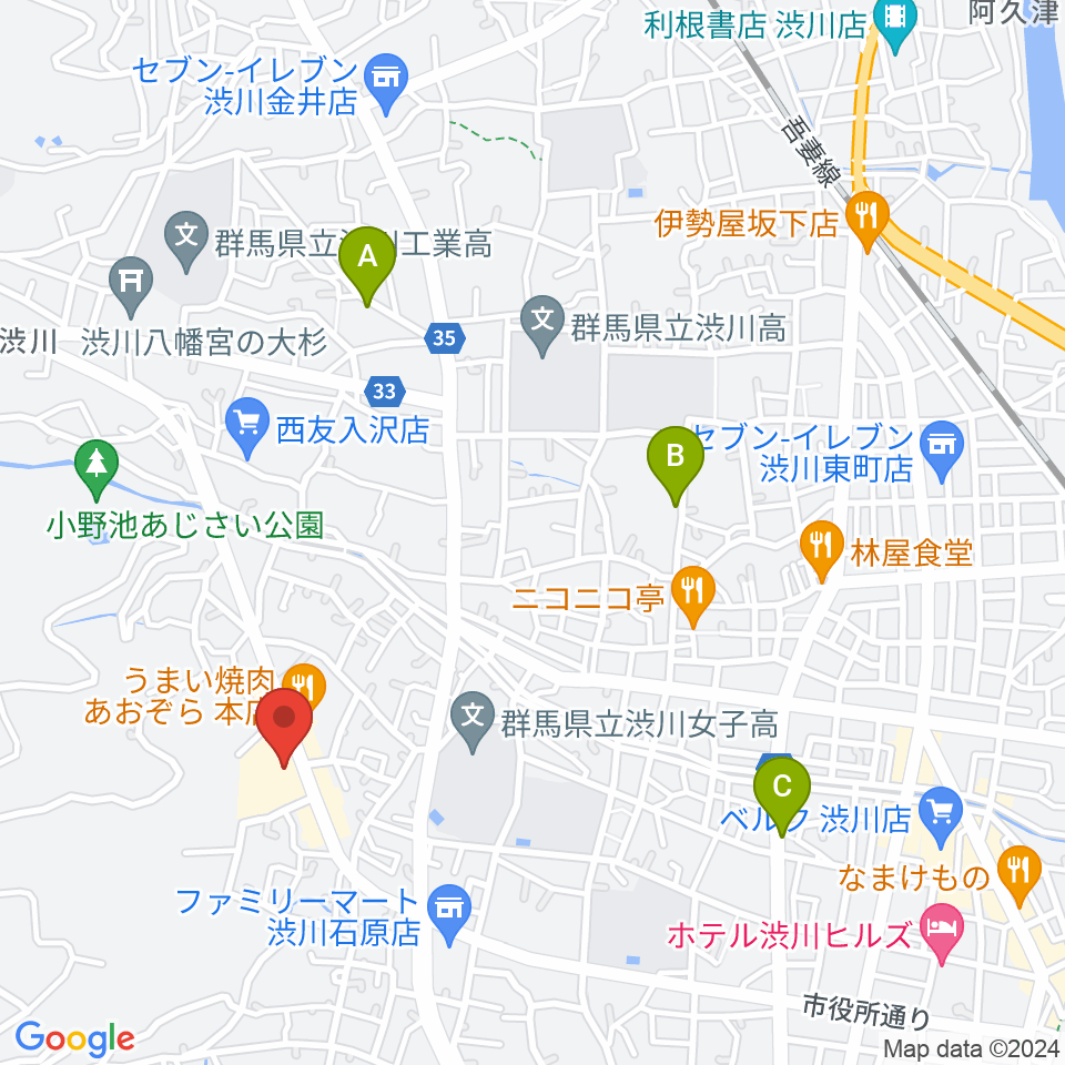 渋川市民会館周辺のホテル一覧地図