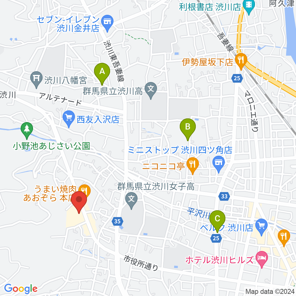 渋川市民会館周辺のホテル一覧地図