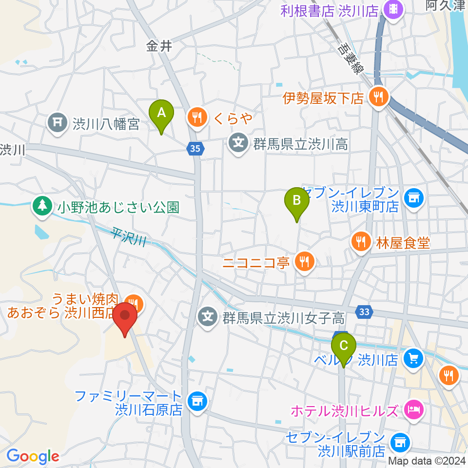 渋川市民会館周辺のホテル一覧地図