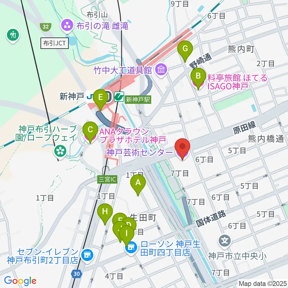 神戸芸術センター周辺のホテル一覧地図