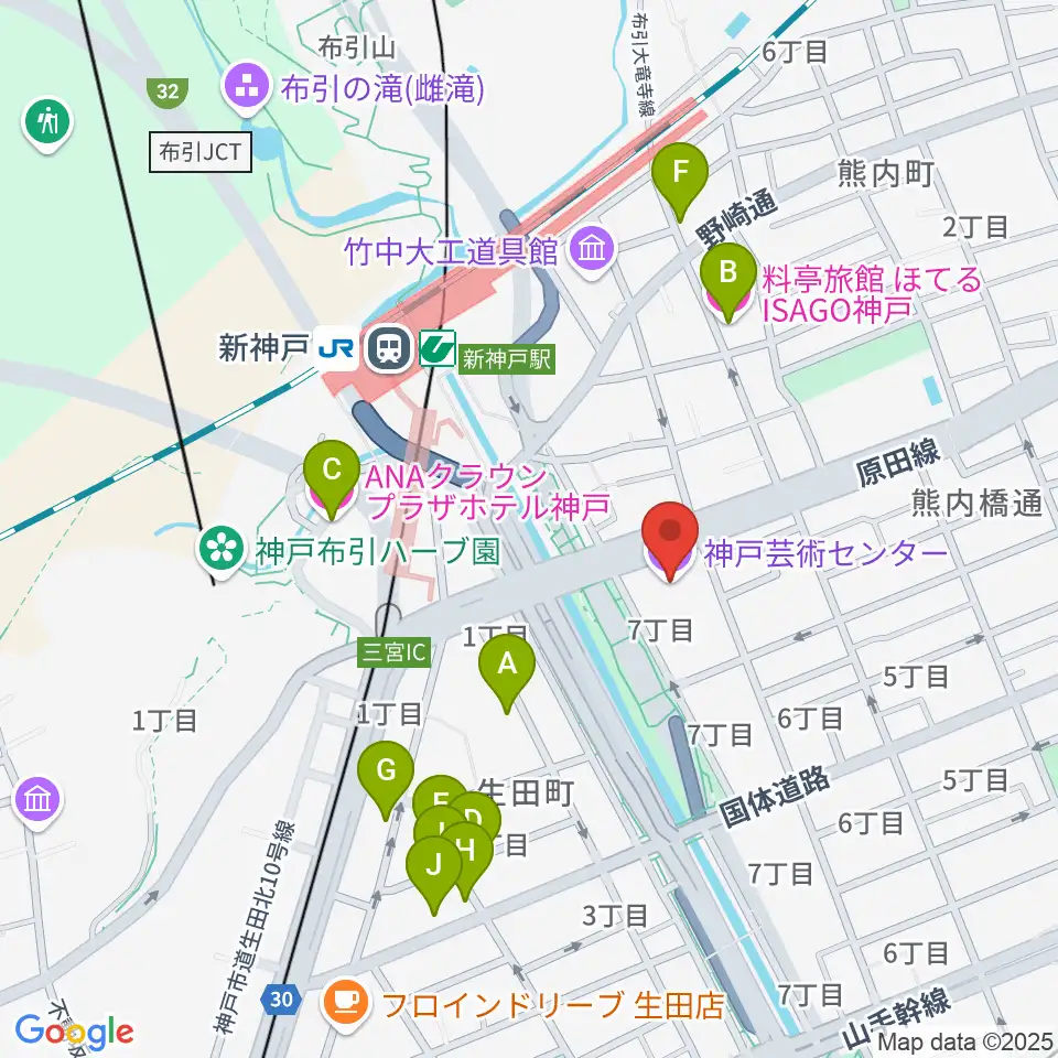 神戸芸術センター周辺のホテル一覧地図