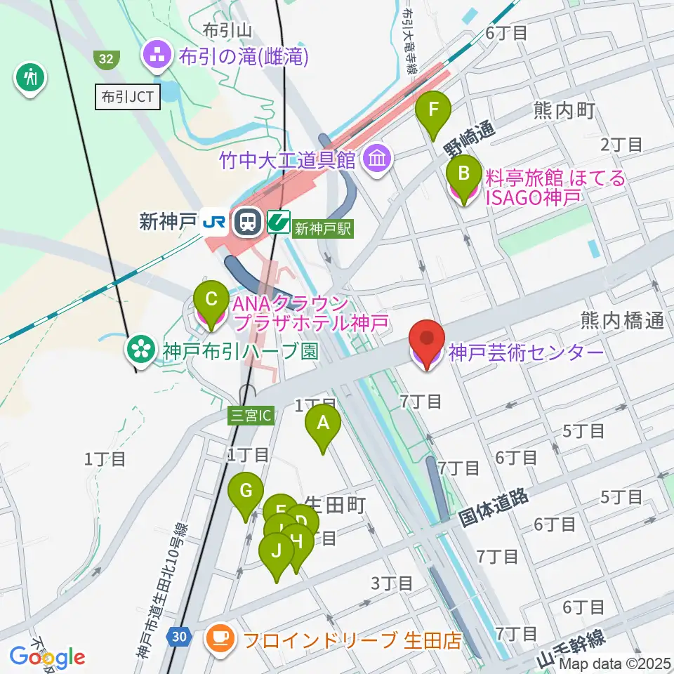 神戸芸術センター周辺のホテル一覧地図