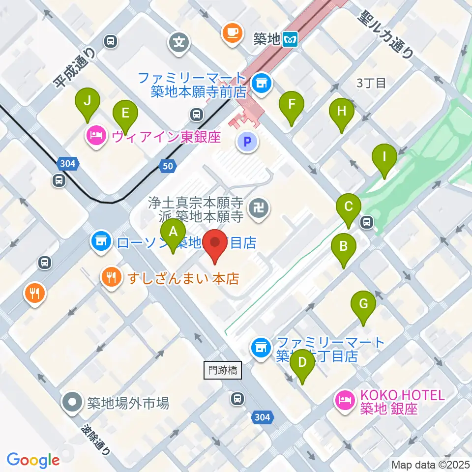 築地本願寺ブディストホール周辺の駐車場・コインパーキング一覧地図