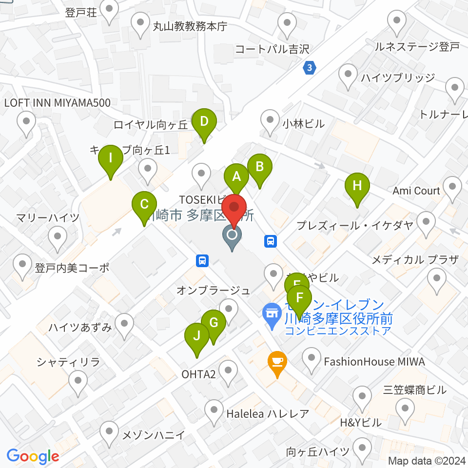 川崎市多摩市民館周辺の駐車場・コインパーキング一覧地図