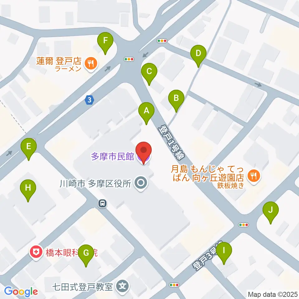 川崎市多摩市民館周辺の駐車場・コインパーキング一覧地図