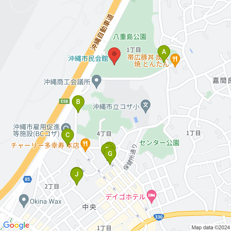 沖縄市民会館周辺の駐車場・コインパーキング一覧地図