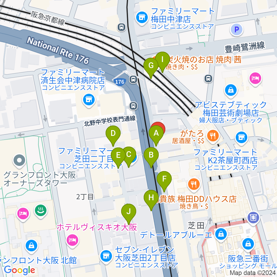 ワタナベ楽器店 大阪店周辺の駐車場・コインパーキング一覧地図