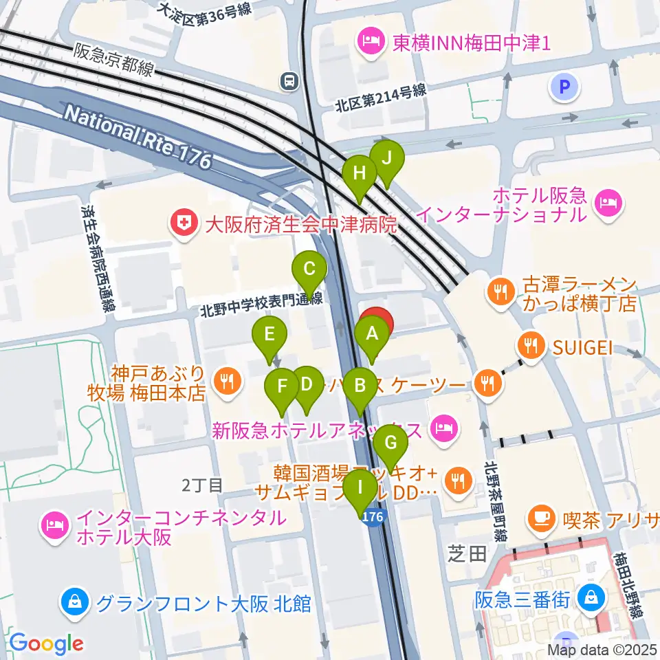 ワタナベ楽器店 大阪店周辺の駐車場・コインパーキング一覧地図