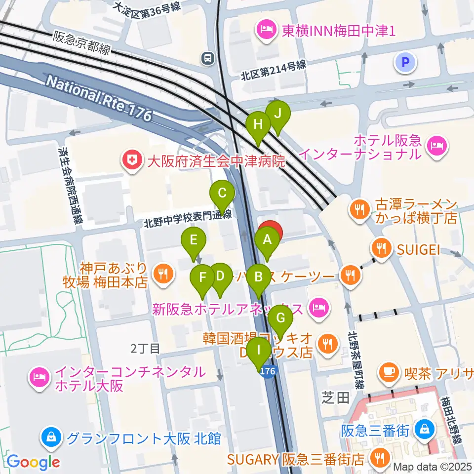 ワタナベ楽器店 大阪店周辺の駐車場・コインパーキング一覧地図