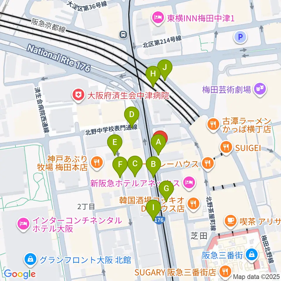 ワタナベ楽器店 大阪店周辺の駐車場・コインパーキング一覧地図