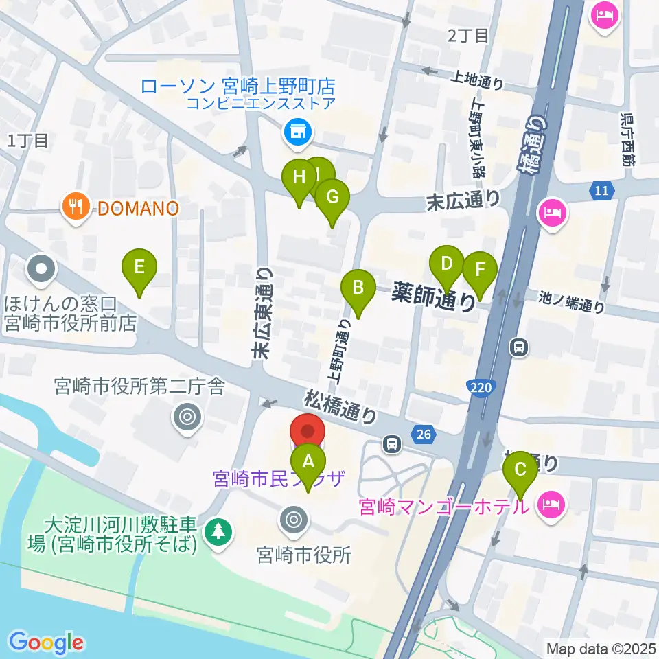 宮崎市民プラザ周辺の駐車場・コインパーキング一覧地図