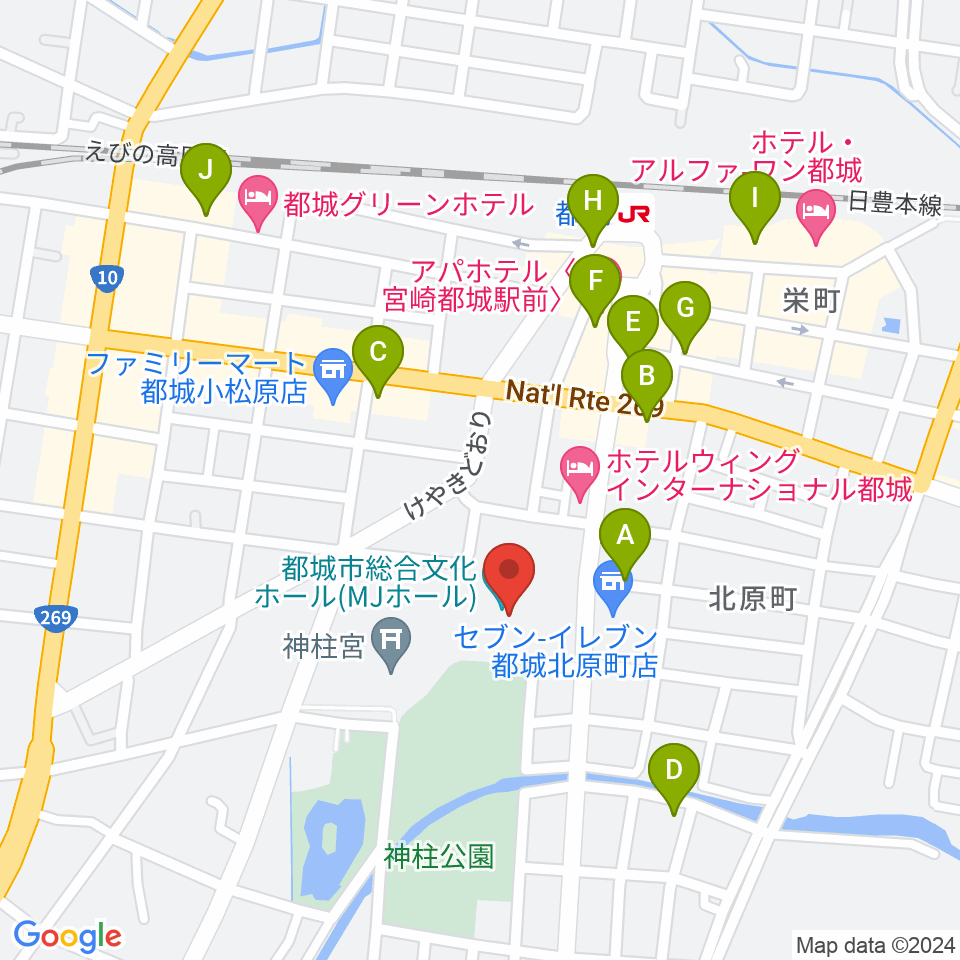 都城市総合文化ホール周辺の駐車場・コインパーキング一覧地図