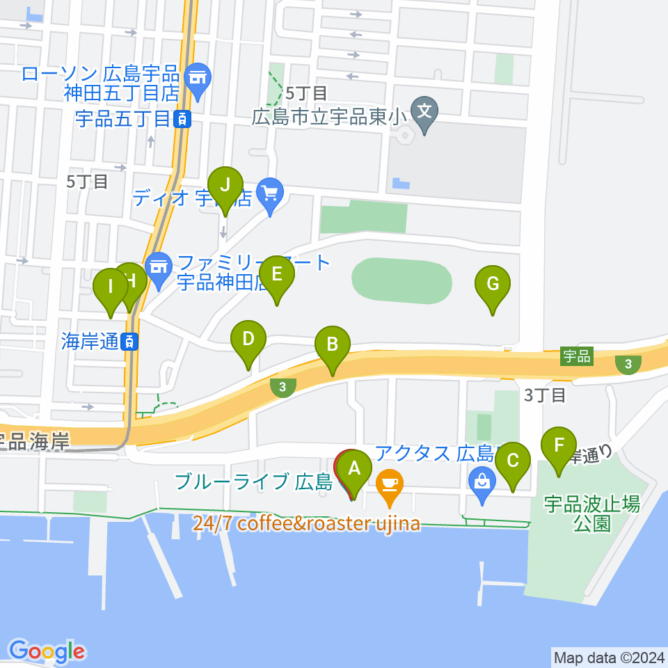 ブルーライブ広島周辺の駐車場・コインパーキング一覧地図