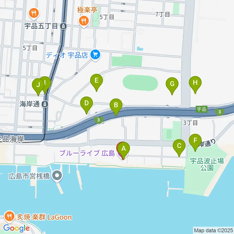 ブルーライブ広島周辺の駐車場・コインパーキング一覧地図