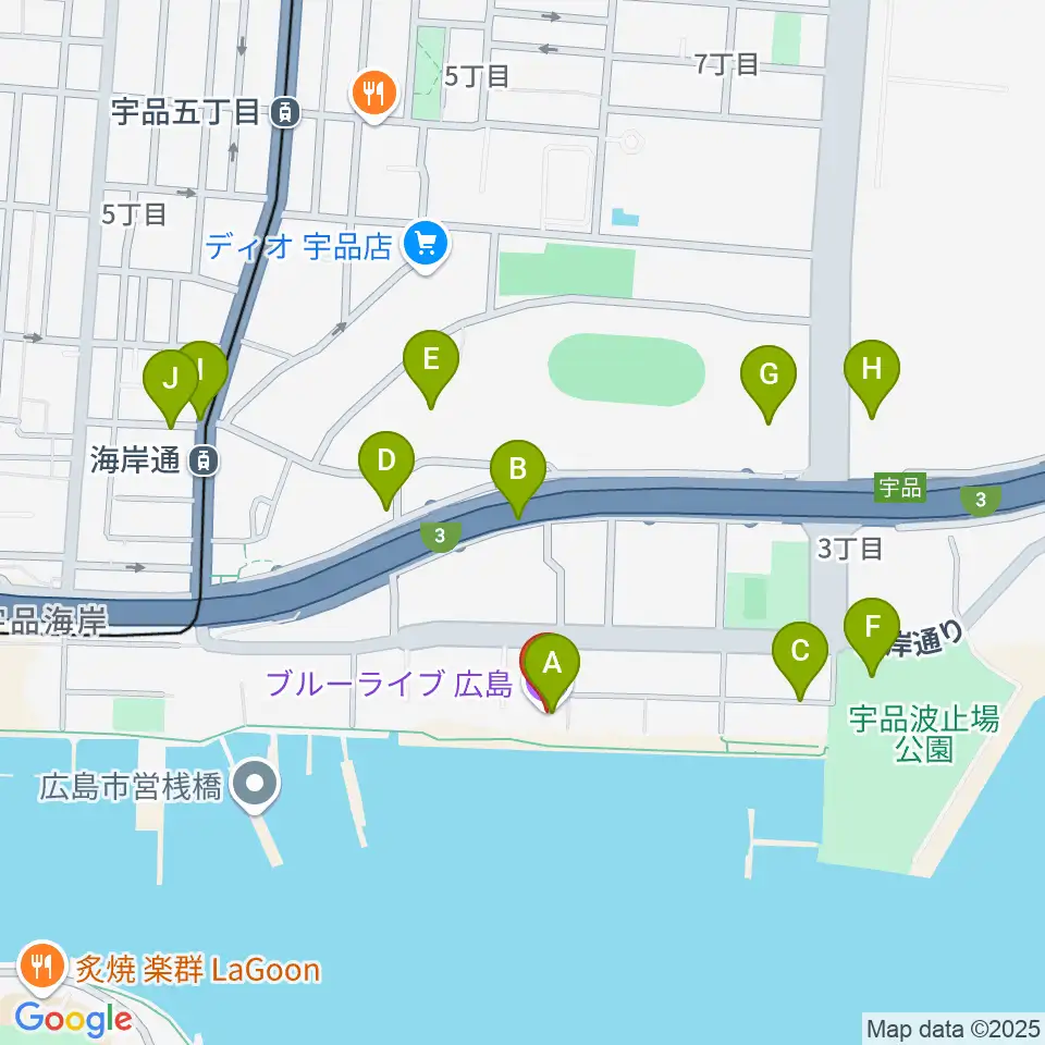 ブルーライブ広島周辺の駐車場・コインパーキング一覧地図