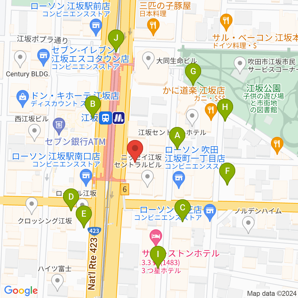 ドルフィンギターズ音楽教室 大阪江坂周辺の駐車場・コインパーキング一覧地図
