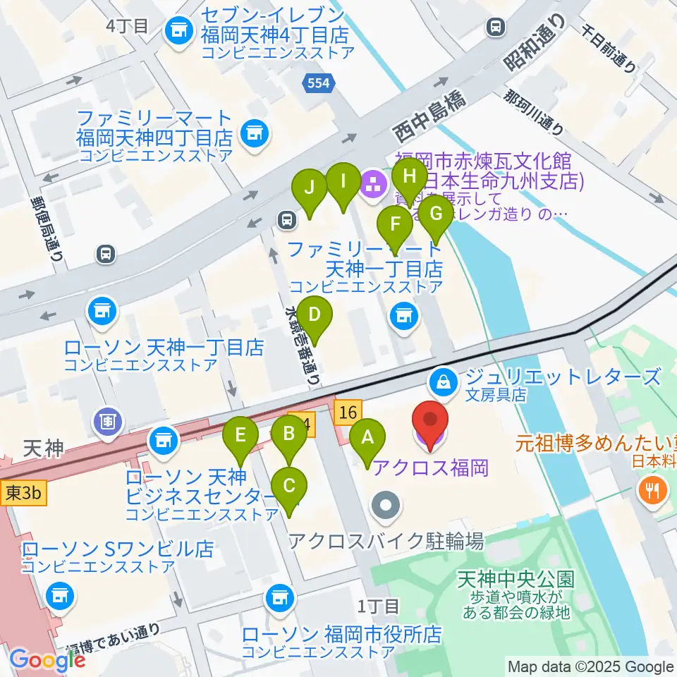 アクロス福岡周辺の駐車場・コインパーキング一覧地図