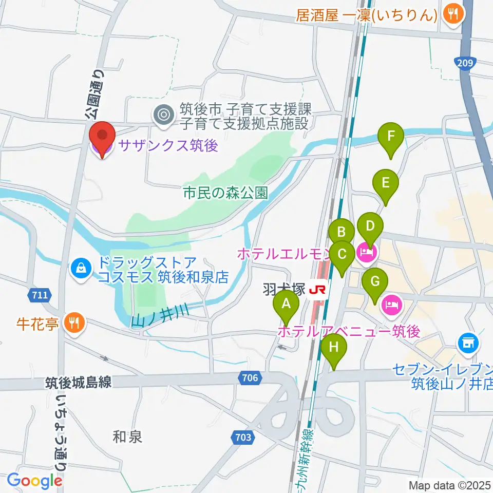 サザンクス筑後周辺の駐車場・コインパーキング一覧地図