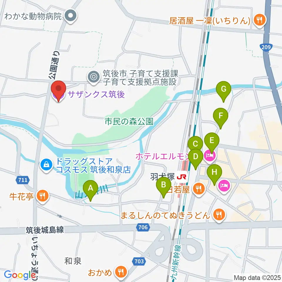 サザンクス筑後周辺の駐車場・コインパーキング一覧地図