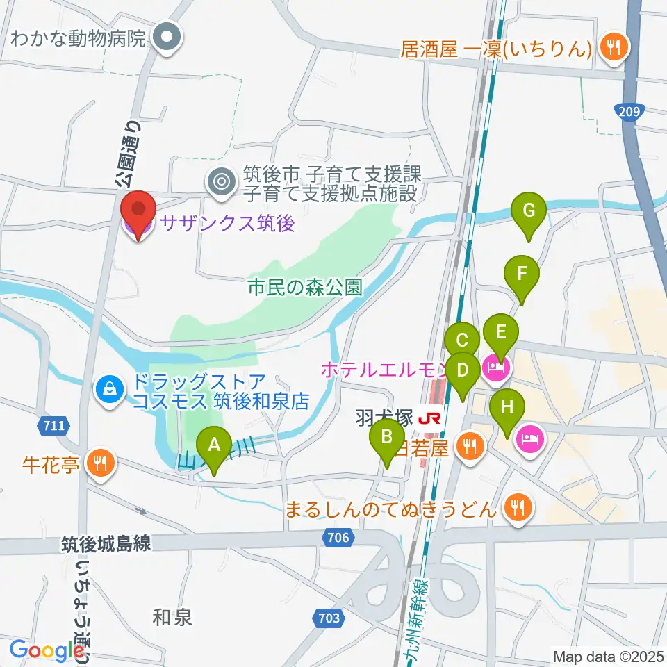 サザンクス筑後周辺の駐車場・コインパーキング一覧地図