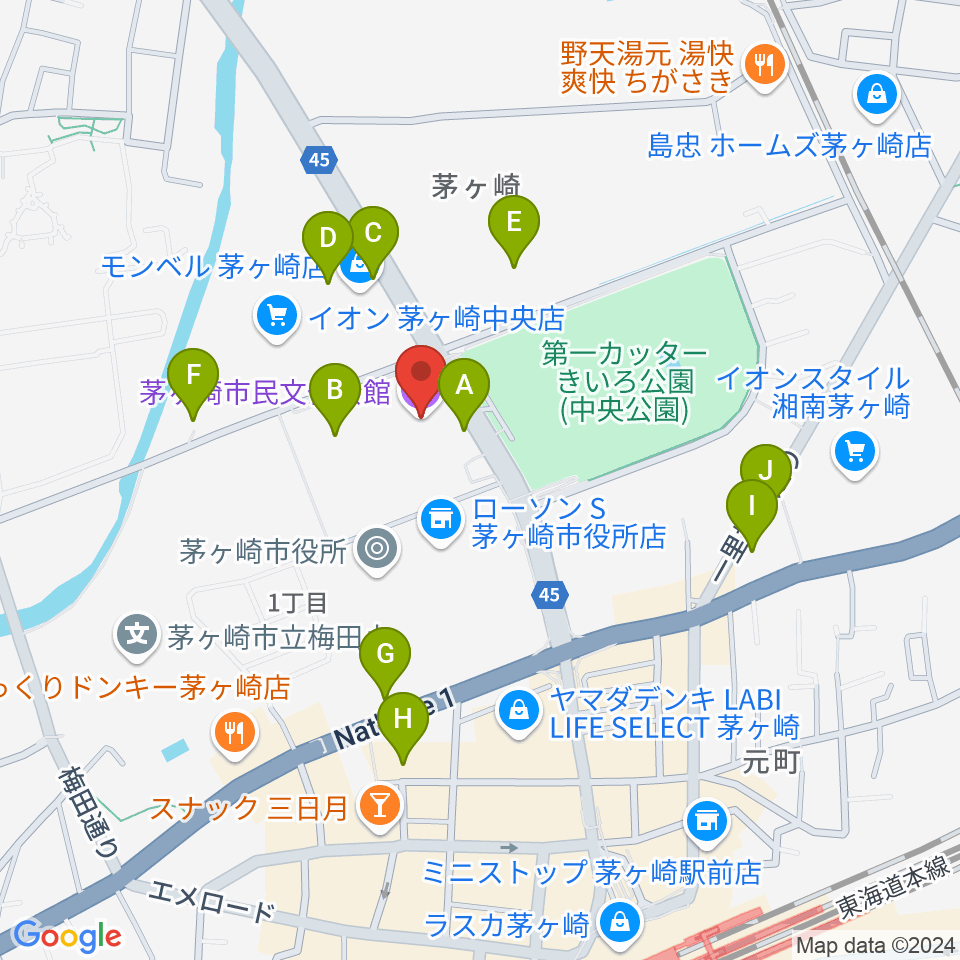 茅ヶ崎市民文化会館周辺の駐車場・コインパーキング一覧地図