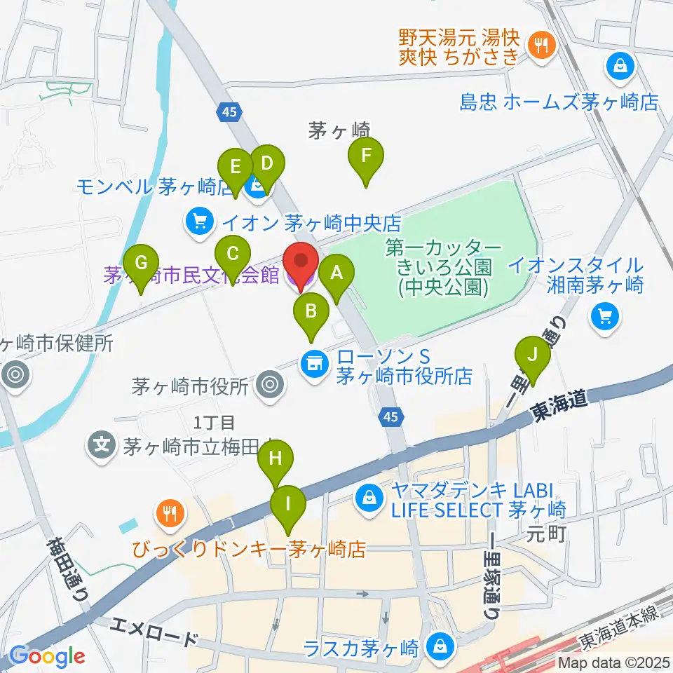 茅ヶ崎市民文化会館周辺の駐車場・コインパーキング一覧地図