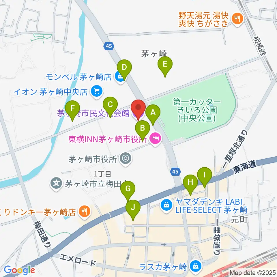 茅ヶ崎市民文化会館周辺の駐車場・コインパーキング一覧地図