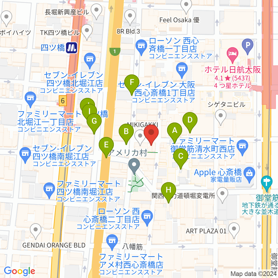 三木楽器アメリカ村店周辺の駐車場・コインパーキング一覧地図