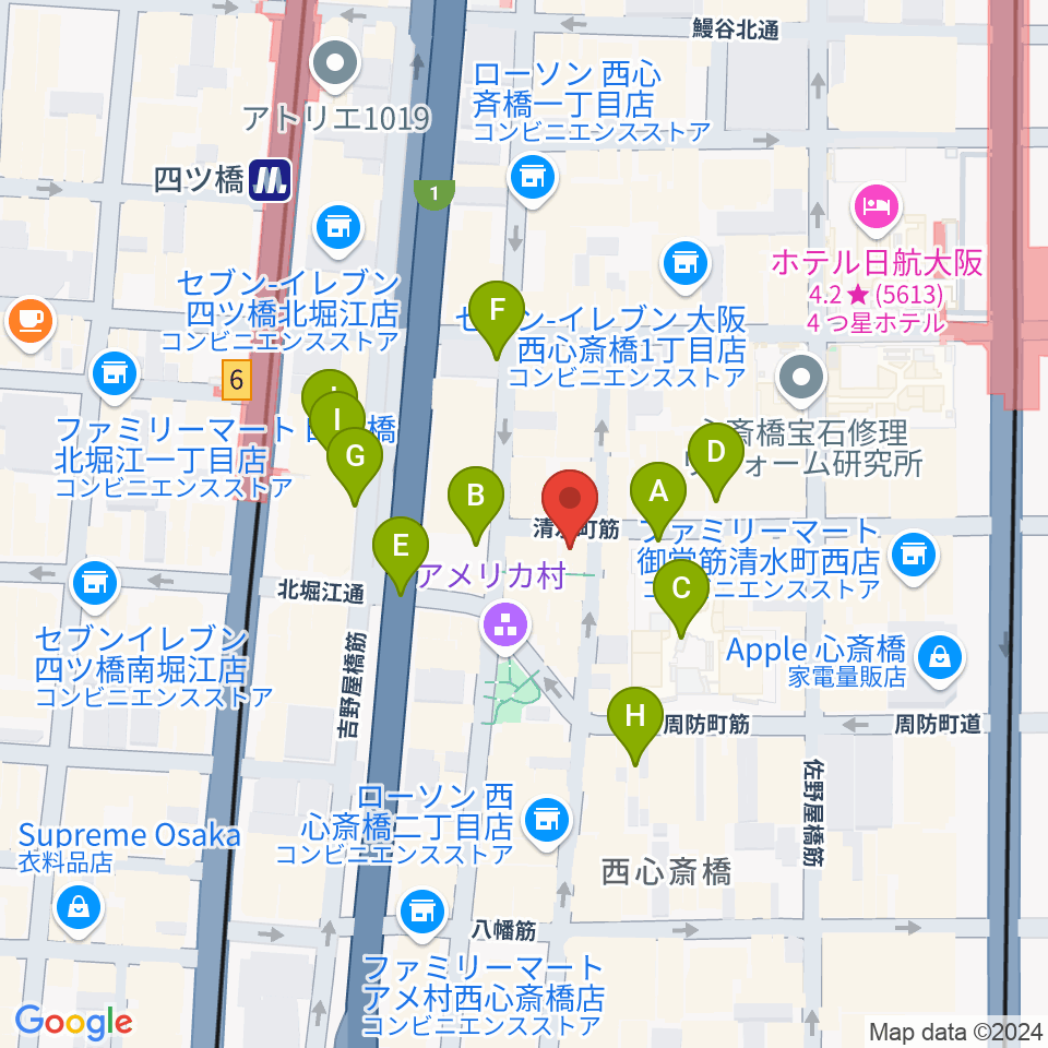 三木楽器アメリカ村店周辺の駐車場・コインパーキング一覧地図